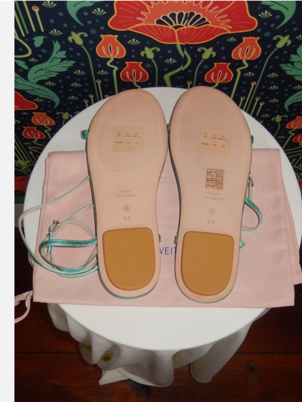 Stuart Weitzman Barely Metallic Leather Capri Aqua Flat Sandals Shoes 8.5 - Picture 5 of 5
